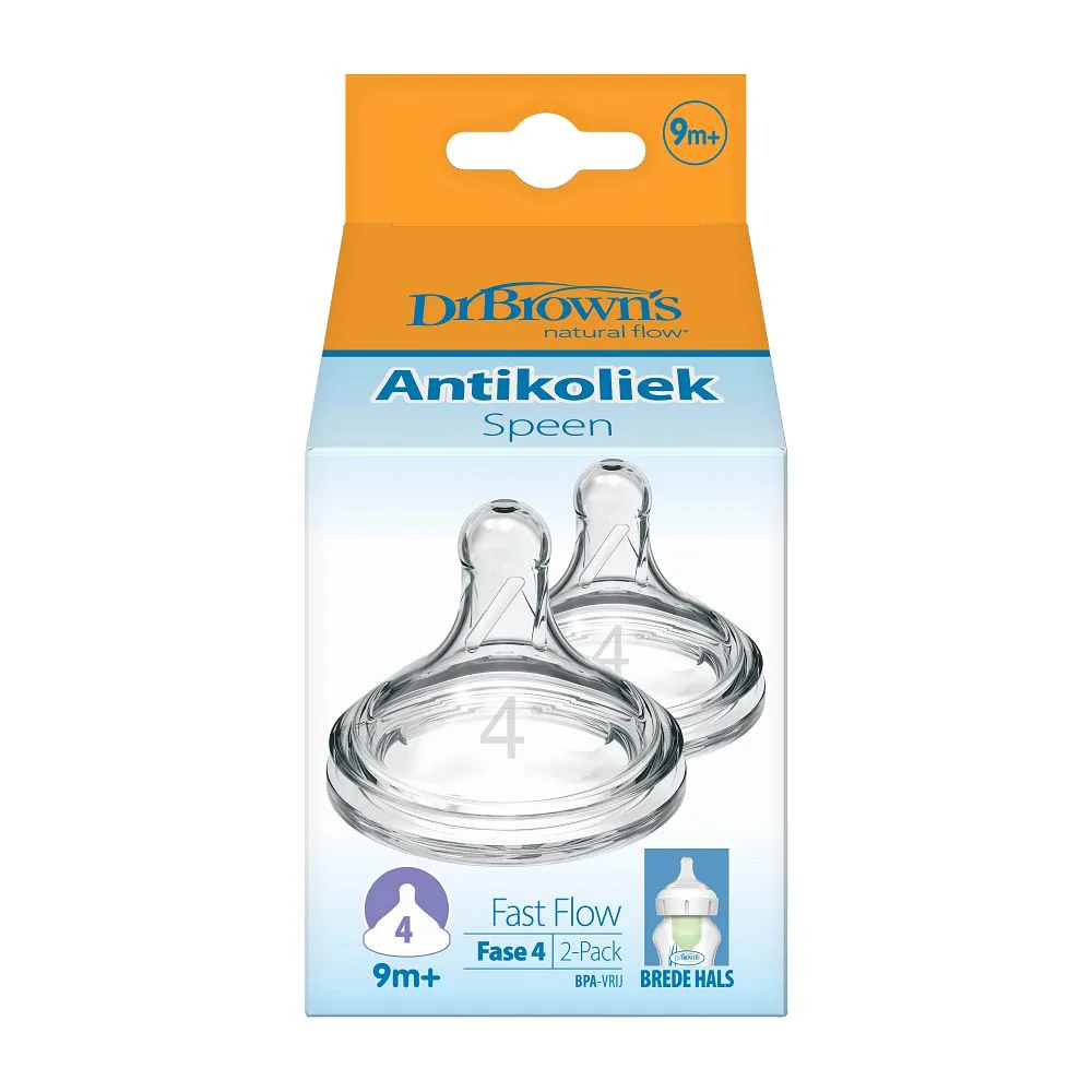 Verpakking van Dr. Brown Options+ Anti-colic Speen fase 4 brede halsfles 9m+ met twee transparante siliconen spenen voor fast flow, dr brown speentjes geschikt voor brede halsflessen en verkrijgbaar bij Happy Kids Boutique met aandacht voor comfortabel voeden en duurzaamheid.