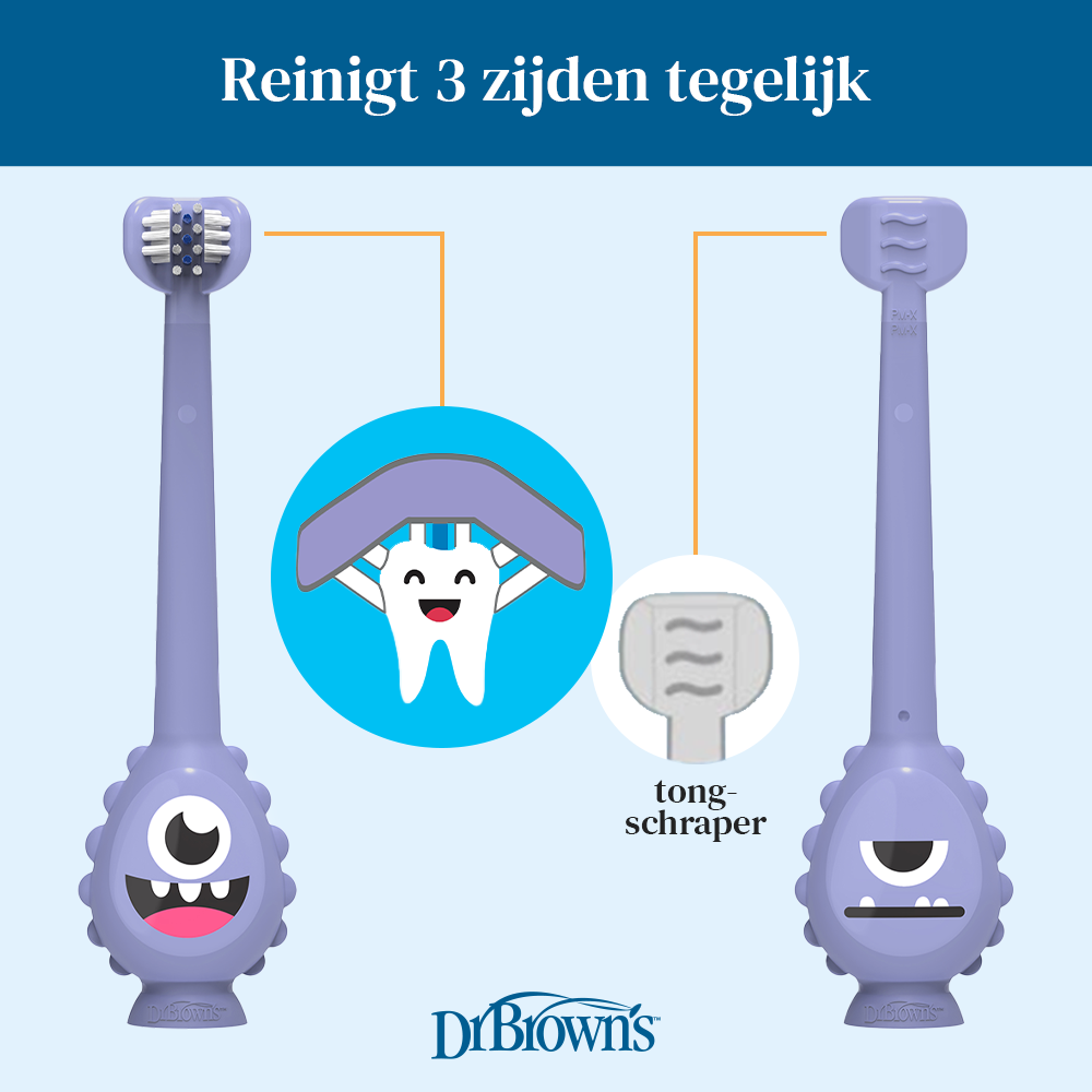 Afbeelding van een paarse Dr. Brown tandenborstel met speels monsterdesign en geïntegreerde tongschraper, met de tekst reinigt 3 zijden tegelijk, een dr brown product voor mondverzorging verkrijgbaar bij Happy Kids Boutique.