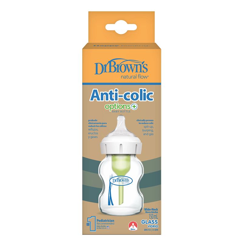 dr. brown’s options+ anti colic bottle | brede halsfles 150 ml glas