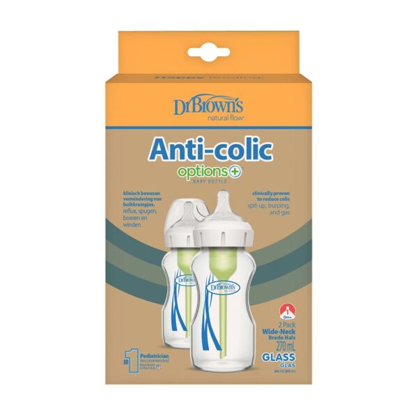 dr. brown’s options+ anti colic bottle 2 pack | brede halsfles 270 ml glas
