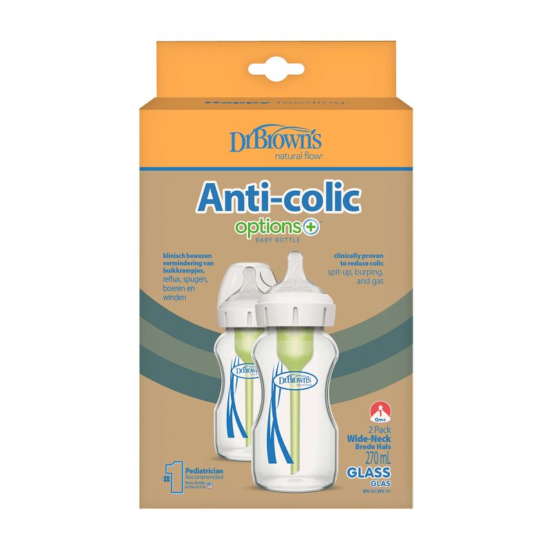 dr. brown’s options+ anti colic bottle 2 pack | brede halsfles 270 ml glas