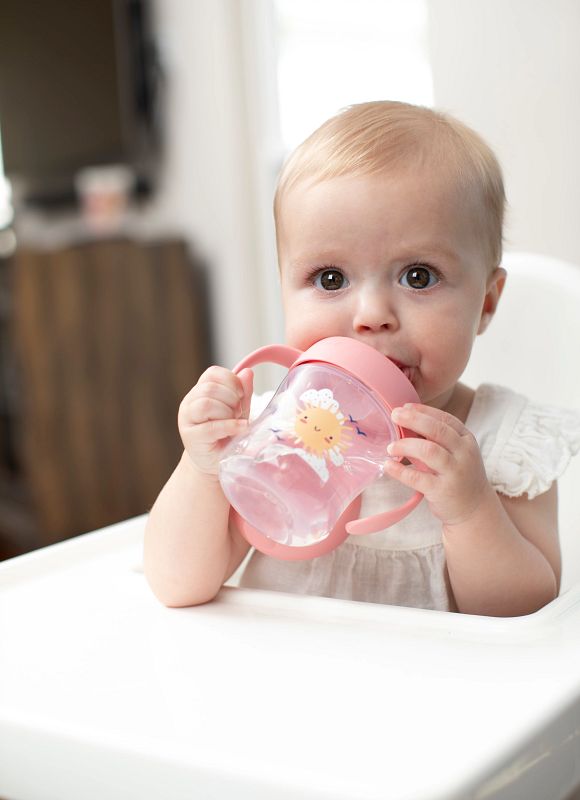 Dr. Brown's drinkbeker roze met zonnetje en tuit en drinkend kind
