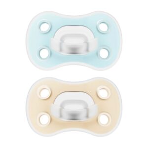 dr. brown’s advantage one piece siliconen fopspeen fase 1 in blauw en crème, symmetrische fopspeen