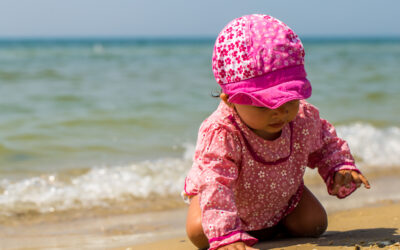 Happy Kids Boutique zonbescherming met UV werende kleding voor kinderen op het strand waar een jong kind in roze outfit en petje speelt in het zand bij de zee met aandacht voor duurzaamheid