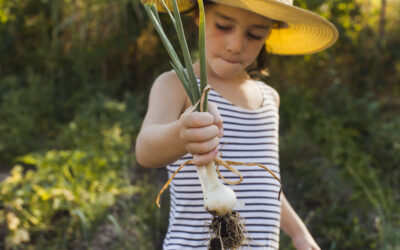 Happy Kids Boutique kind houdt verse groente vast in de moestuin, natuurlijke lifestyle afbeelding over vegetarisch, vega eten en kinderen bewust laten kennismaken met voeding.