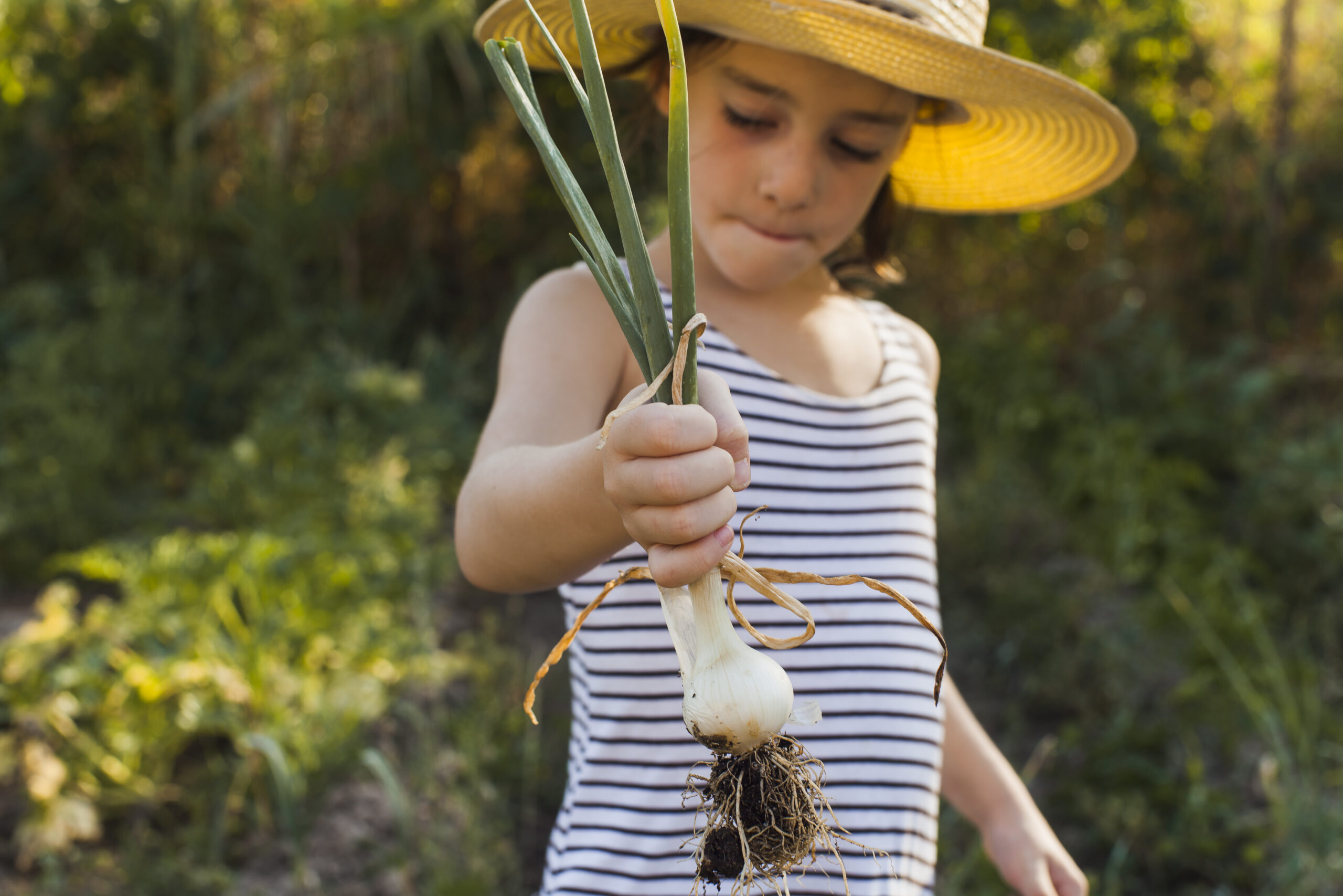 Happy Kids Boutique kind houdt verse groente vast in de moestuin, natuurlijke lifestyle afbeelding over vegetarisch, vega eten en kinderen bewust laten kennismaken met voeding.