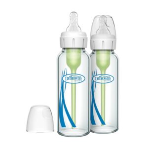 Dr. Brown’s Options+ glazen babyflessen 250 ml 2-pack met anti-colic ventielsysteem en fase 1 spenen.