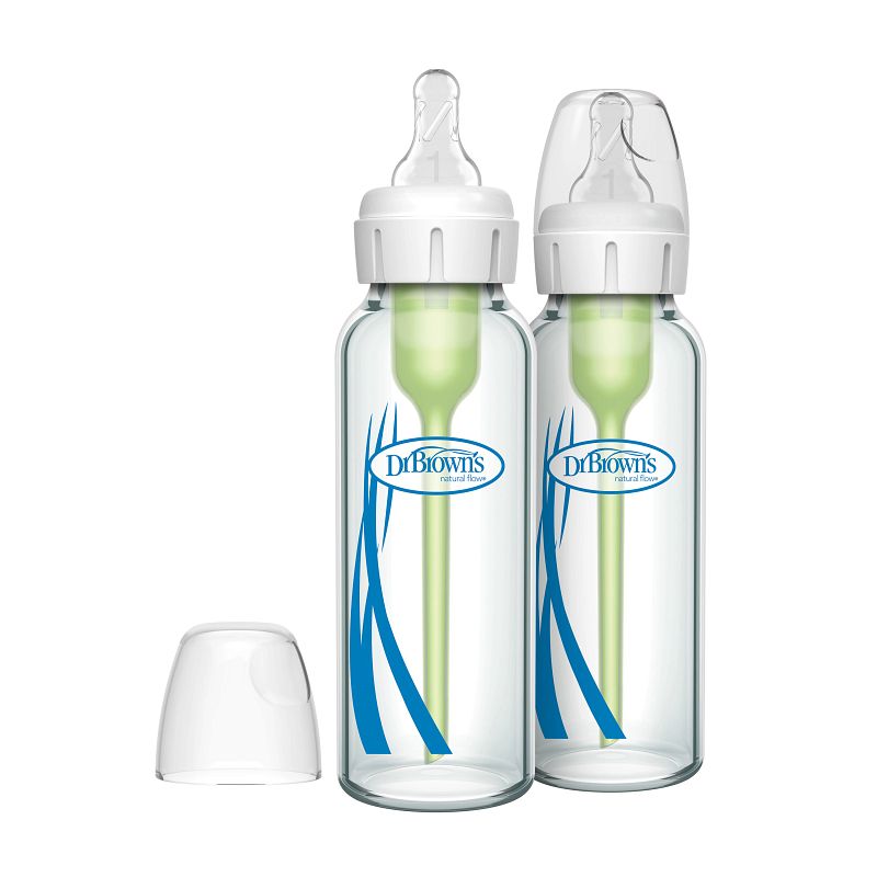 Dr. Brown’s Options+ glazen babyflessen 250 ml 2-pack met anti-colic ventielsysteem en fase 1 spenen.