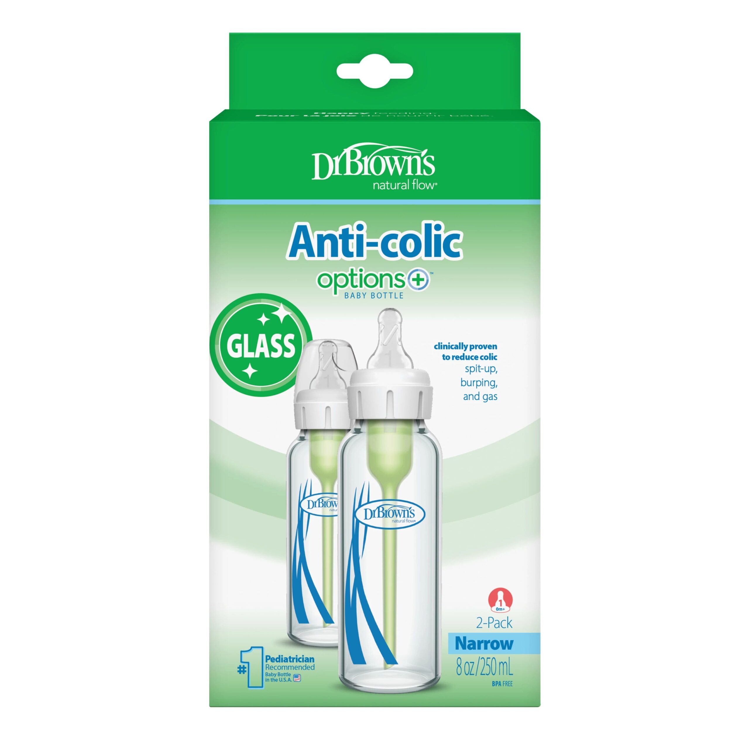 Dr. Brown’s Options+ anti-koliek glazen babyflessen met smalle hals, 250 ml, in een 2-pack verpakking met groen ventielsysteem en fase 1-spenen.